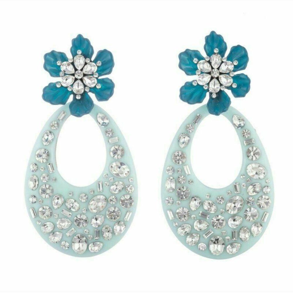 Dannijo Resin Blue and Ice Blossom Drop Earrings Crystal Encrusted
